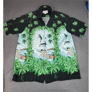 KY‎ International Fashion Hawaiian Shirt Mens Medium Green AOP Surf Up Vacation